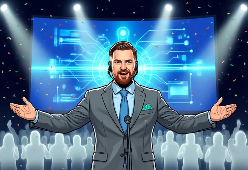 Presenting on stage in front of a glowing circuit screen