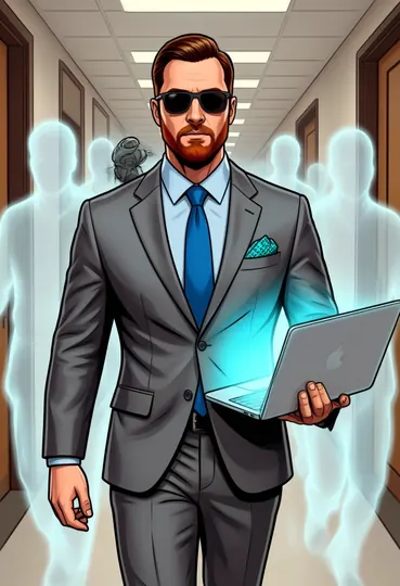 Walking down a corridor in sunglasses with a glowing laptop