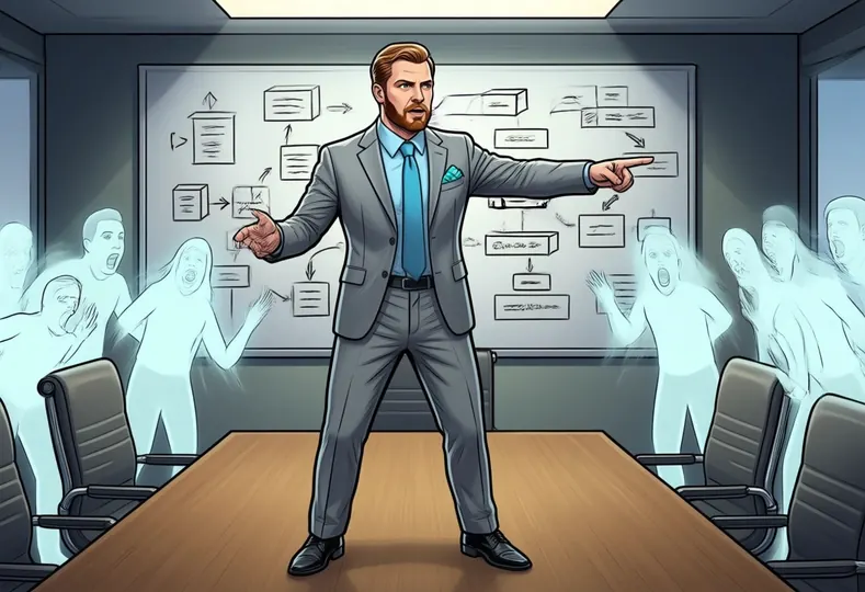 Explaining an architecture diagram in a meeting room