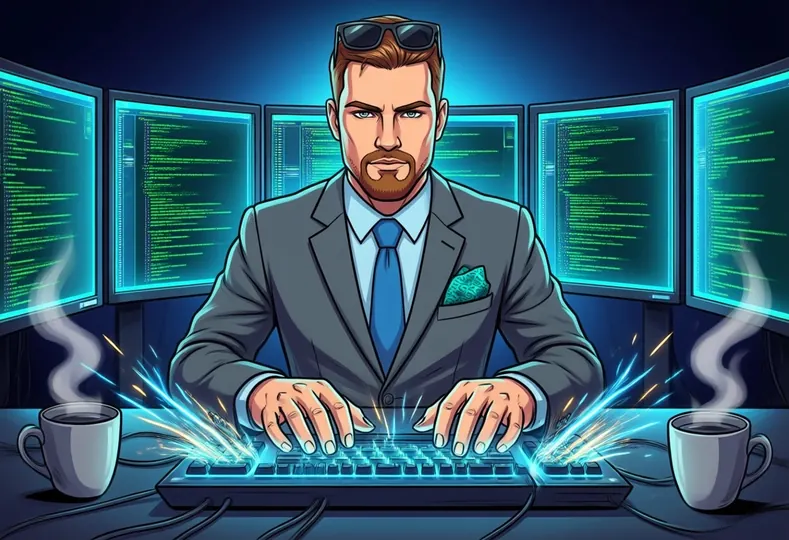 Typing fast in front of a wall of code monitors