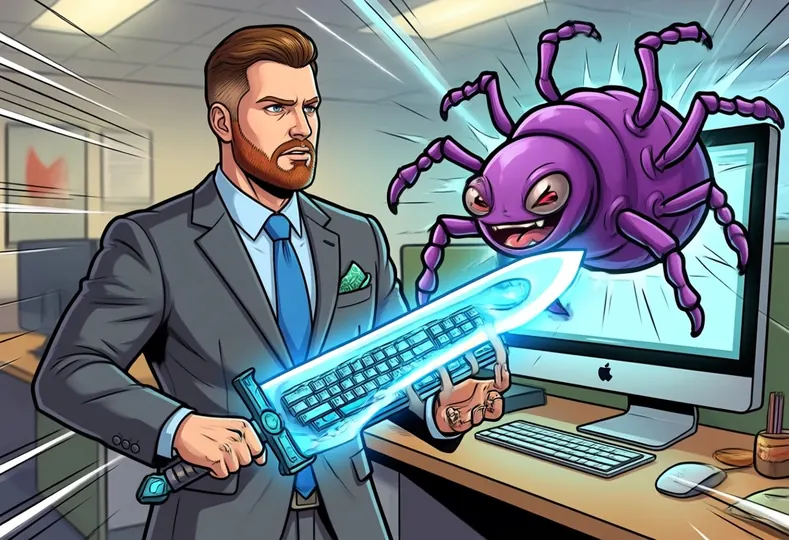 Slaying a purple bug with a keyboard sword