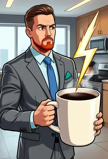 Holding a giant mug of coffee with a lightning bolt