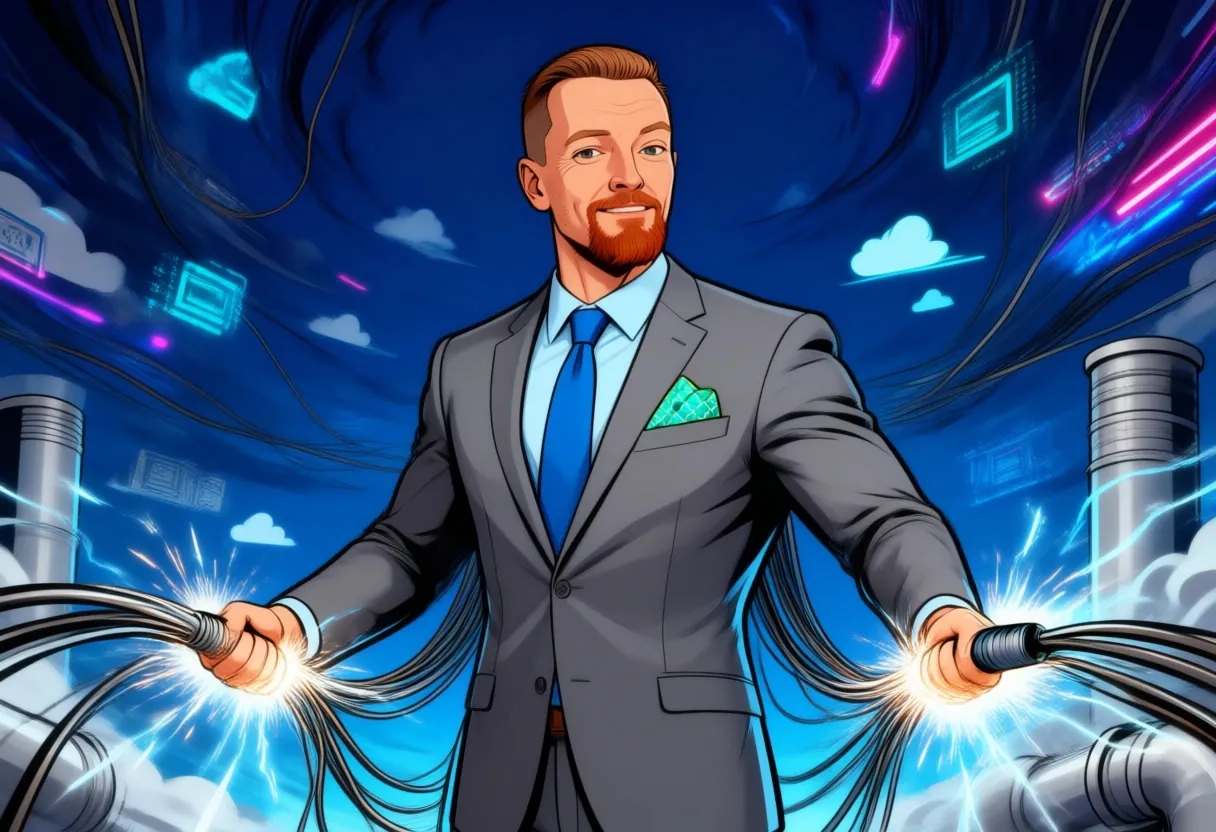 Illustration: a consultant connecting two bundles of glowing cables